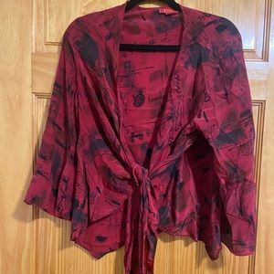 Red and black print tie shirt/cover-up